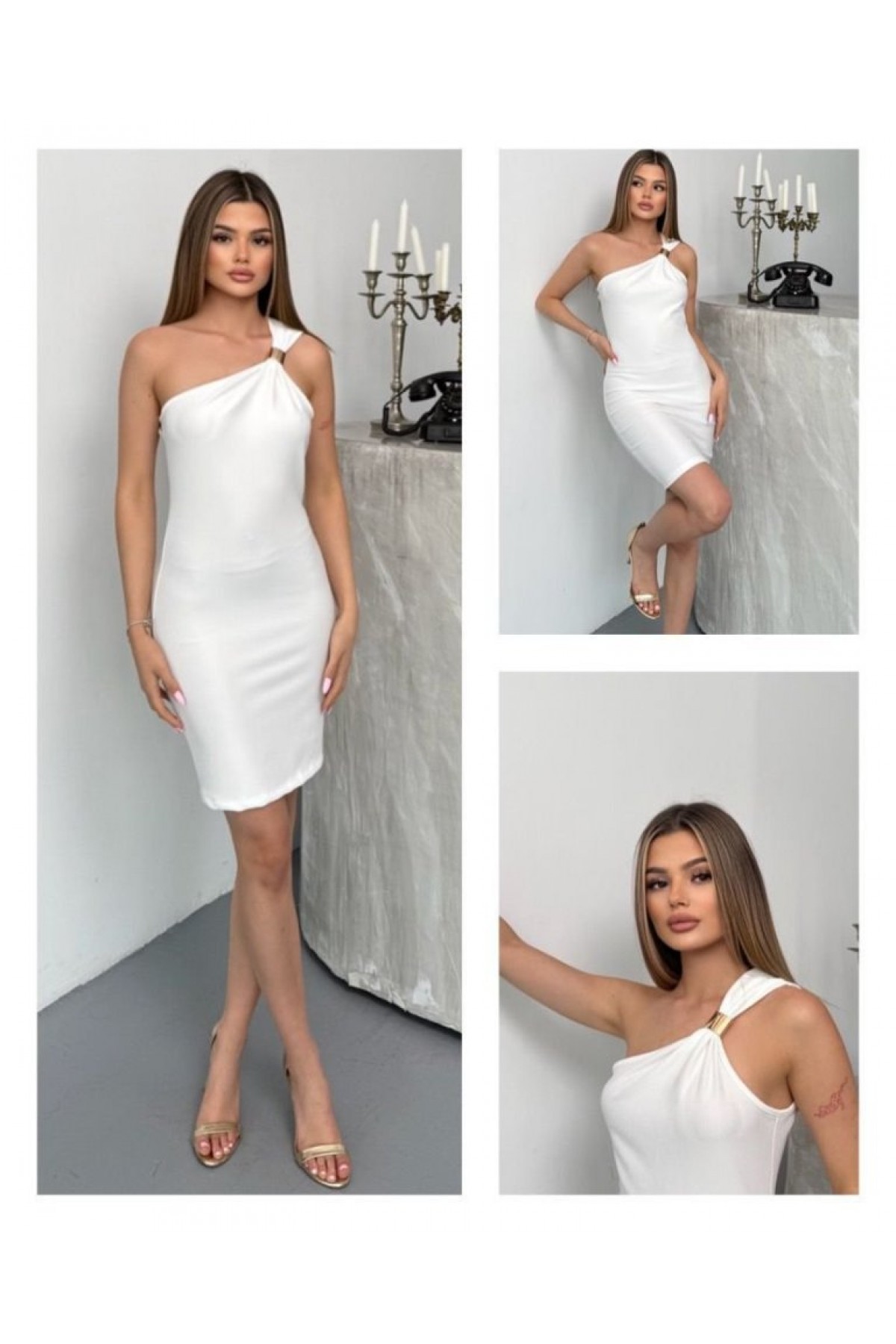 Women's Ottoman Fabric One-Shoulder Mini Dress with Buckle Detail