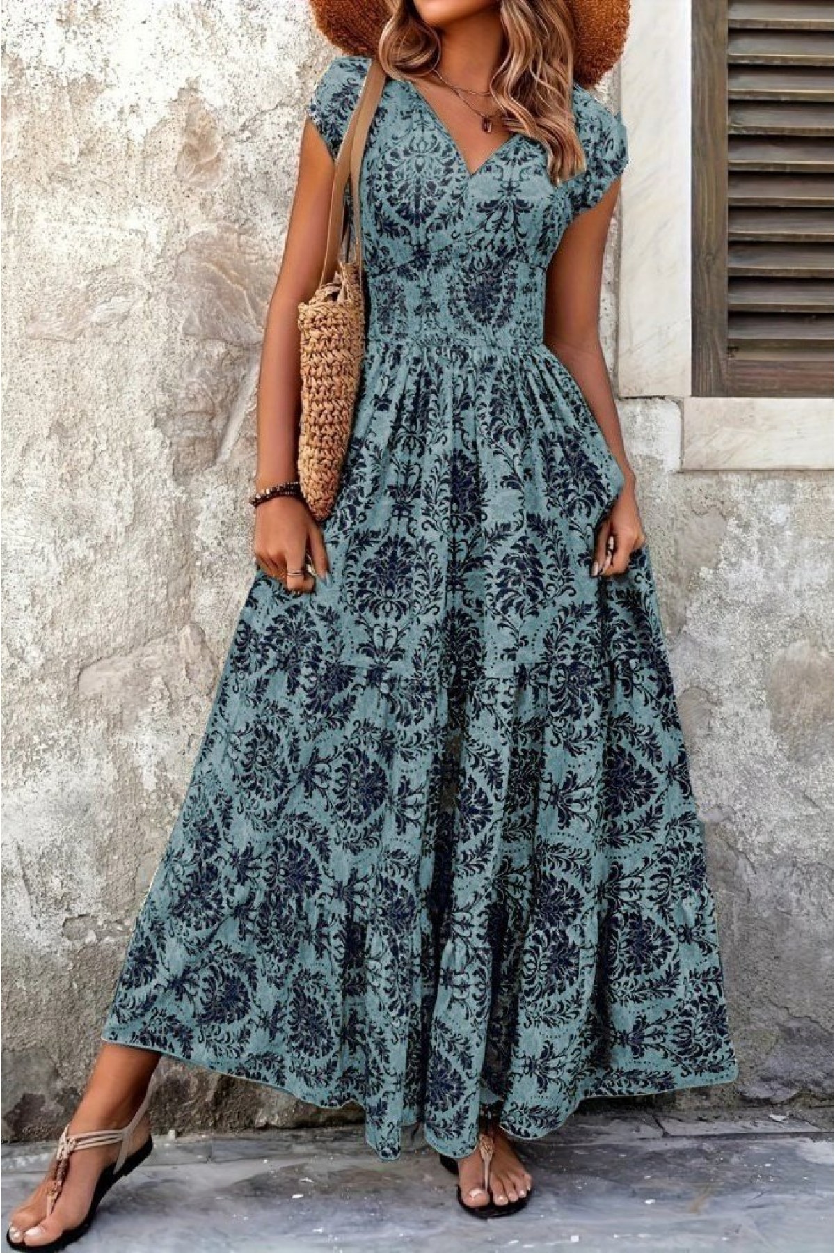Women's Short Sleeve Double Breasted Collar Elastic Waist Single Jersey Maxi Length Dress