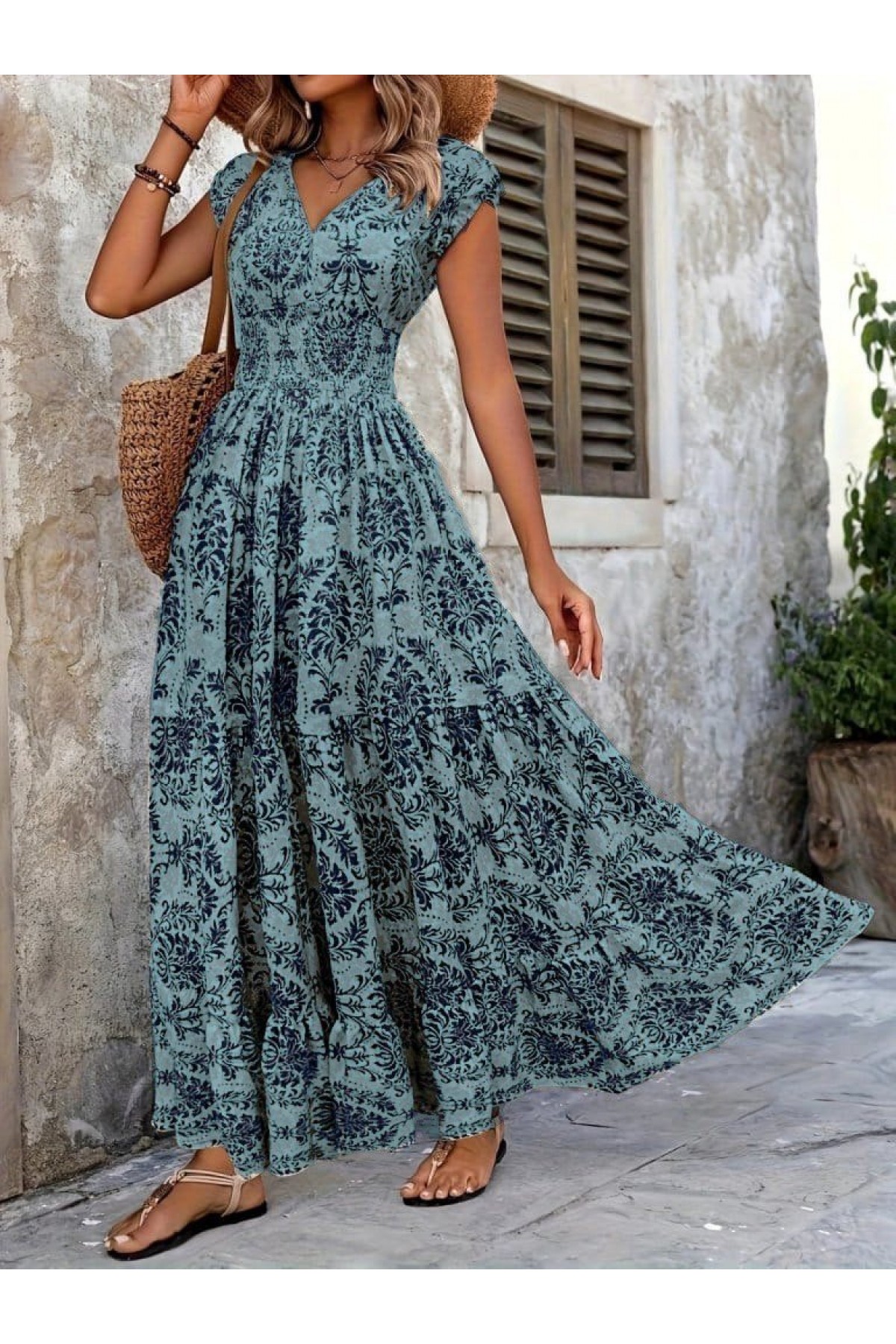 Women's Short Sleeve Double Breasted Collar Elastic Waist Single Jersey Maxi Length Dress
