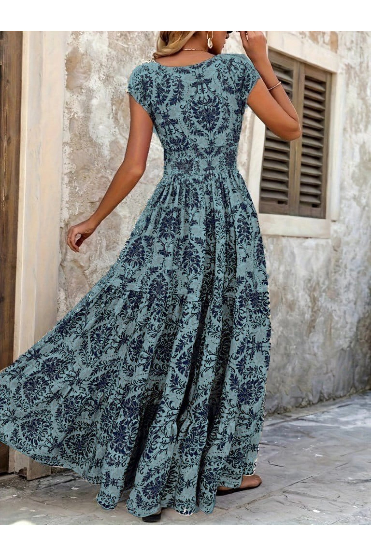 Women's Short Sleeve Double Breasted Collar Elastic Waist Single Jersey Maxi Length Dress