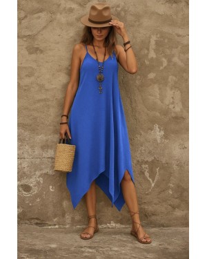 Women's Strappy V-Neck Asymmetrical Viscose Dress with Pocket Detail
