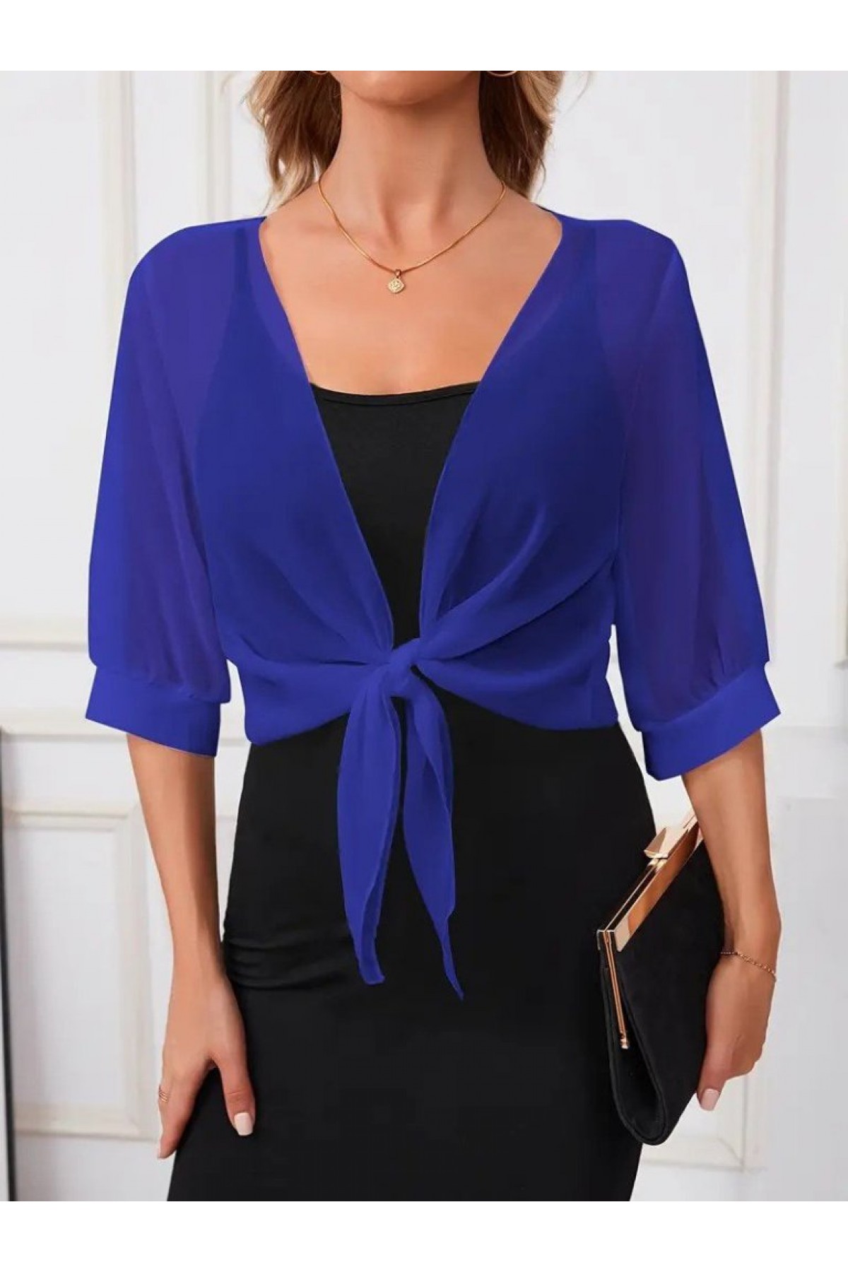 Women's Three Quarter Sleeve Front Tie Short Chiffon Bolero Jacket
