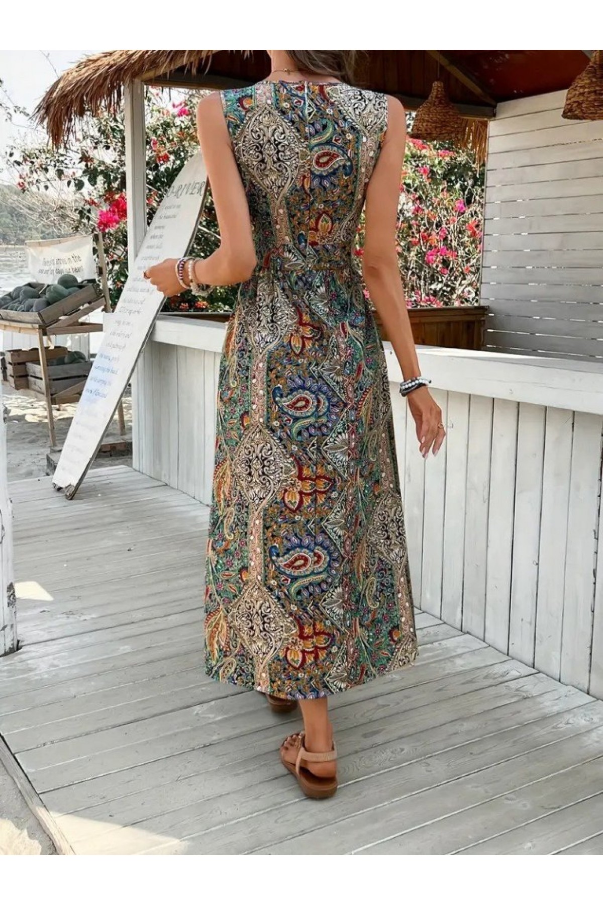 Women's Sleeveless V-Neck Patterned Single Jersey Jumpsuit Dress