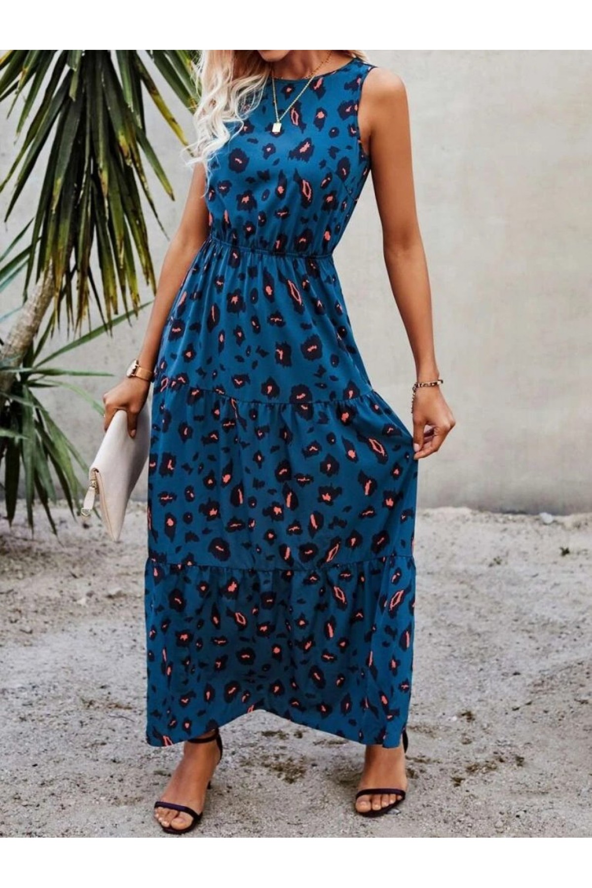 Women's Sleeveless Crew Neck Elastic Waist Patterned Single Jersey Dress
