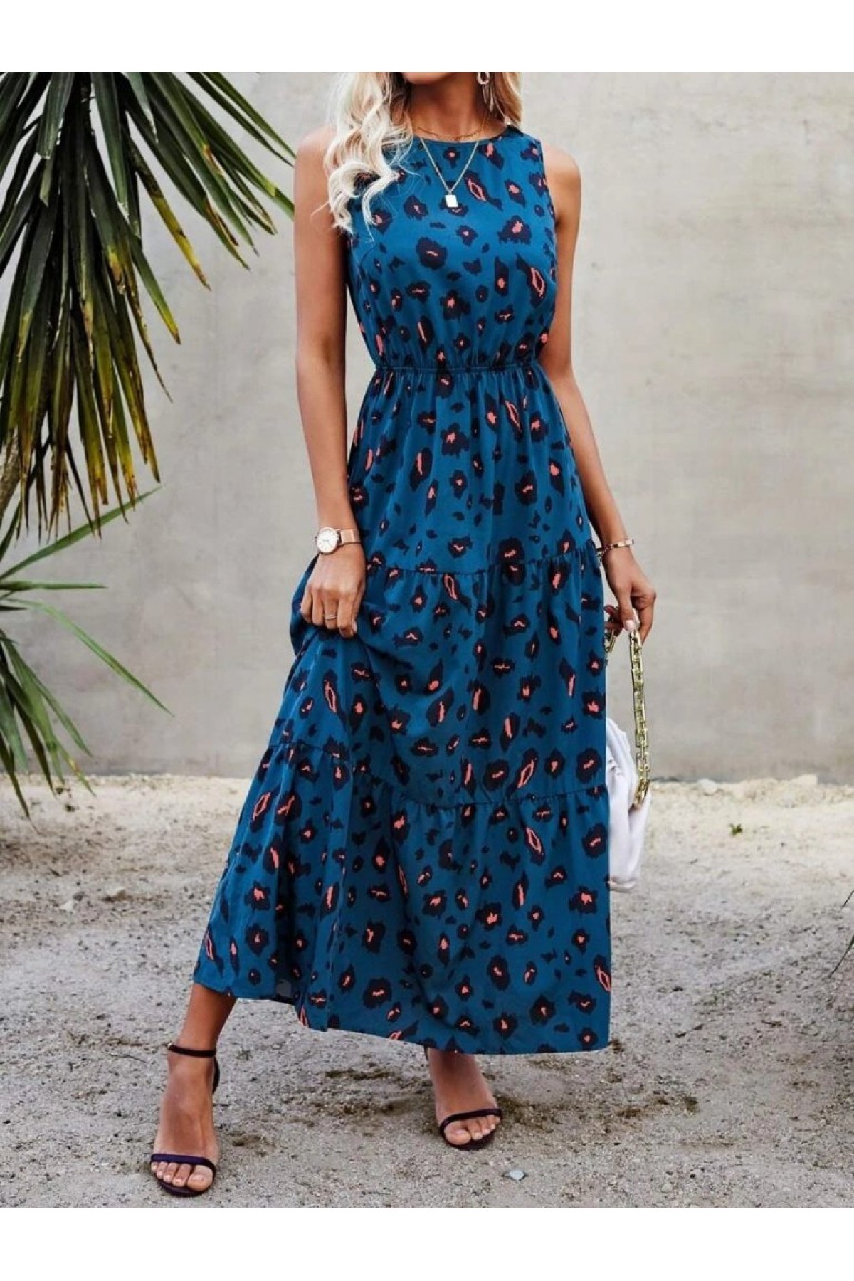 Women's Sleeveless Crew Neck Elastic Waist Patterned Single Jersey Dress