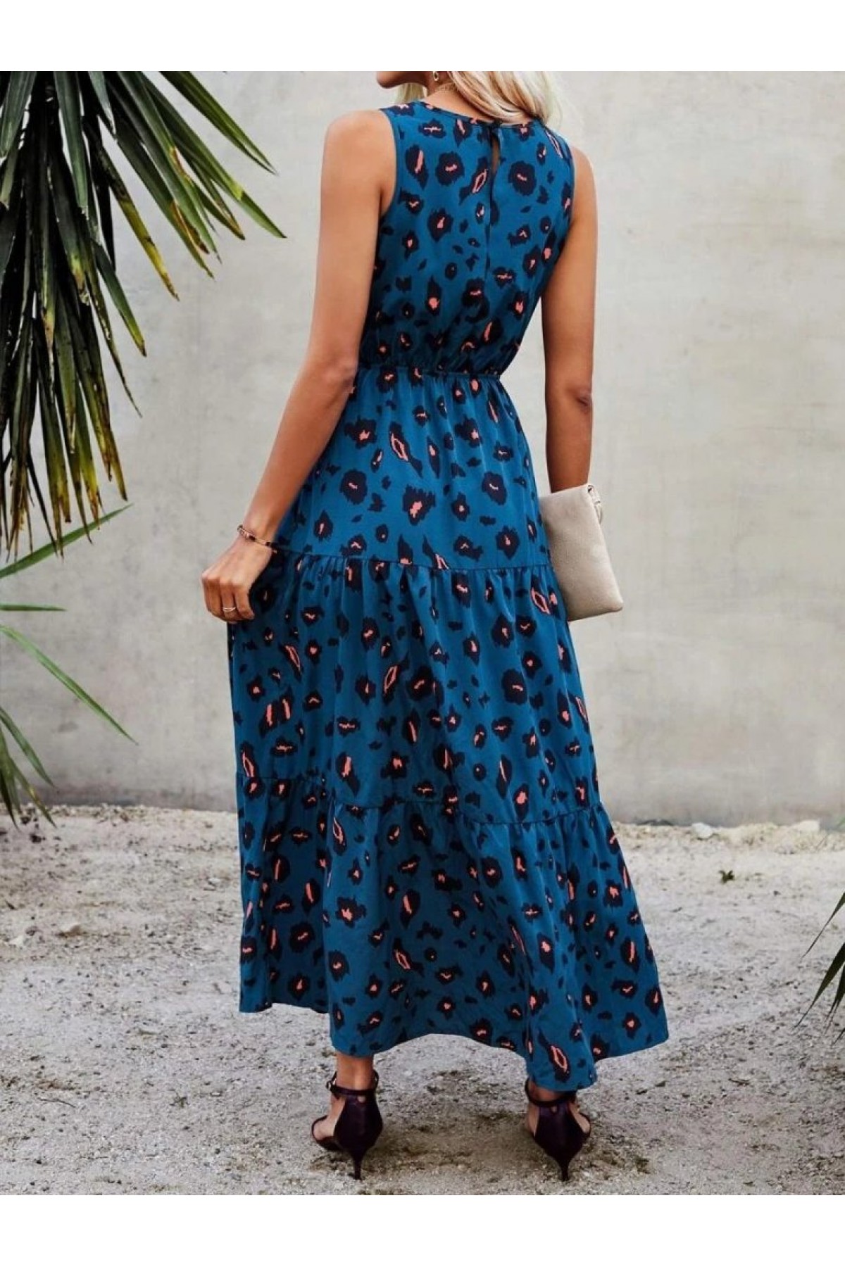 Women's Sleeveless Crew Neck Elastic Waist Patterned Single Jersey Dress
