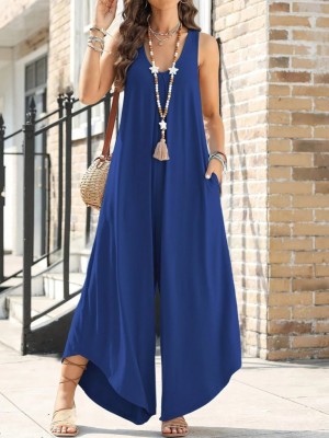 Women's Strappy Round Neck Pocketed Loose Long Viscose Jumpsuit