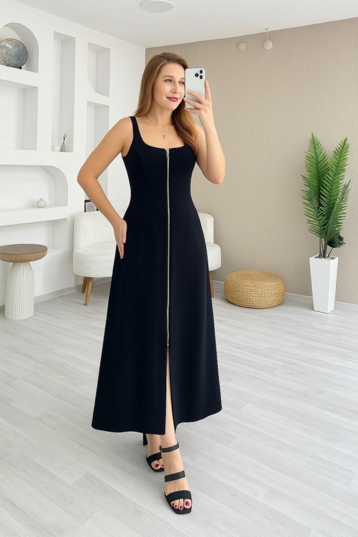 Women's Square Neck Zippered Wide Cut Janjan Crepe Dress with Straps