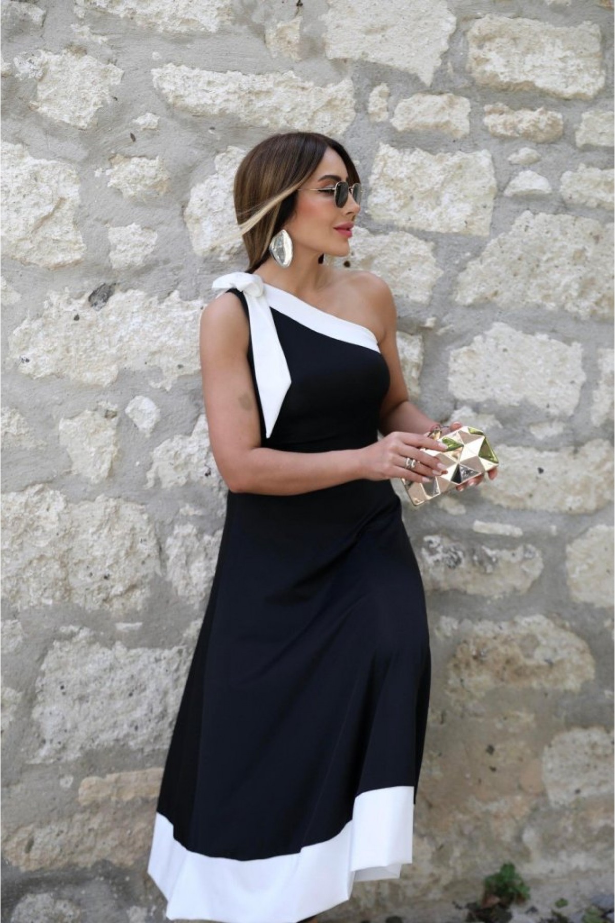 Women's One-Shoulder Off-Shoulder Two-Color Imported Crepe Dress with Ribbon Detail on the Shoulders