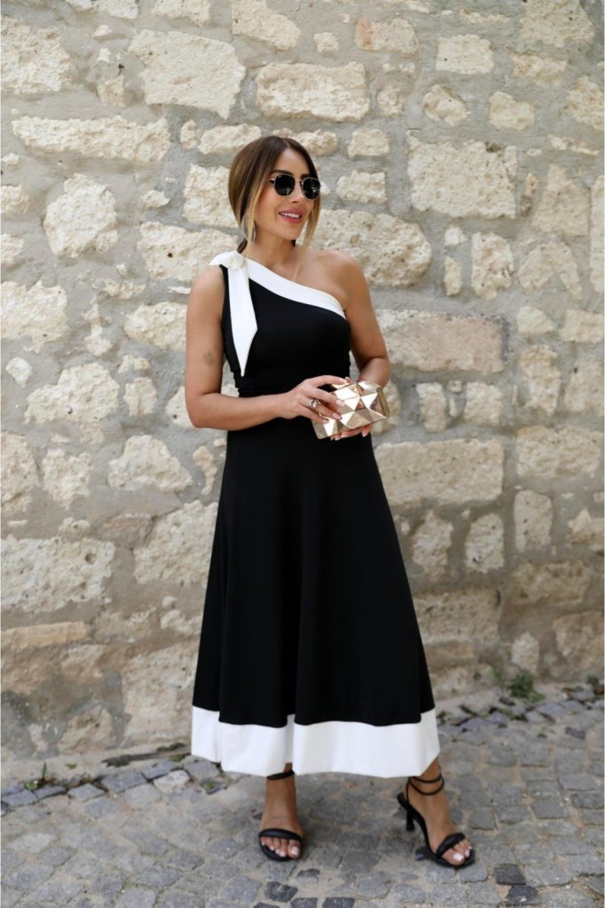 Women's One-Shoulder Off-Shoulder Two-Color Imported Crepe Dress with Ribbon Detail on the Shoulders