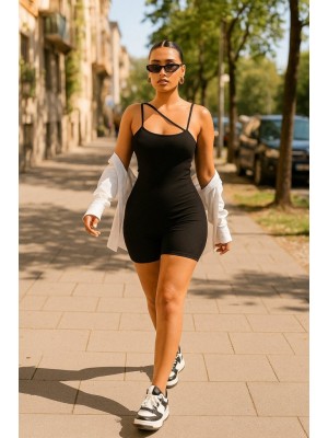 Kadın Asimetrik Askılı Mini Kaşkorse Bodycon Tulum