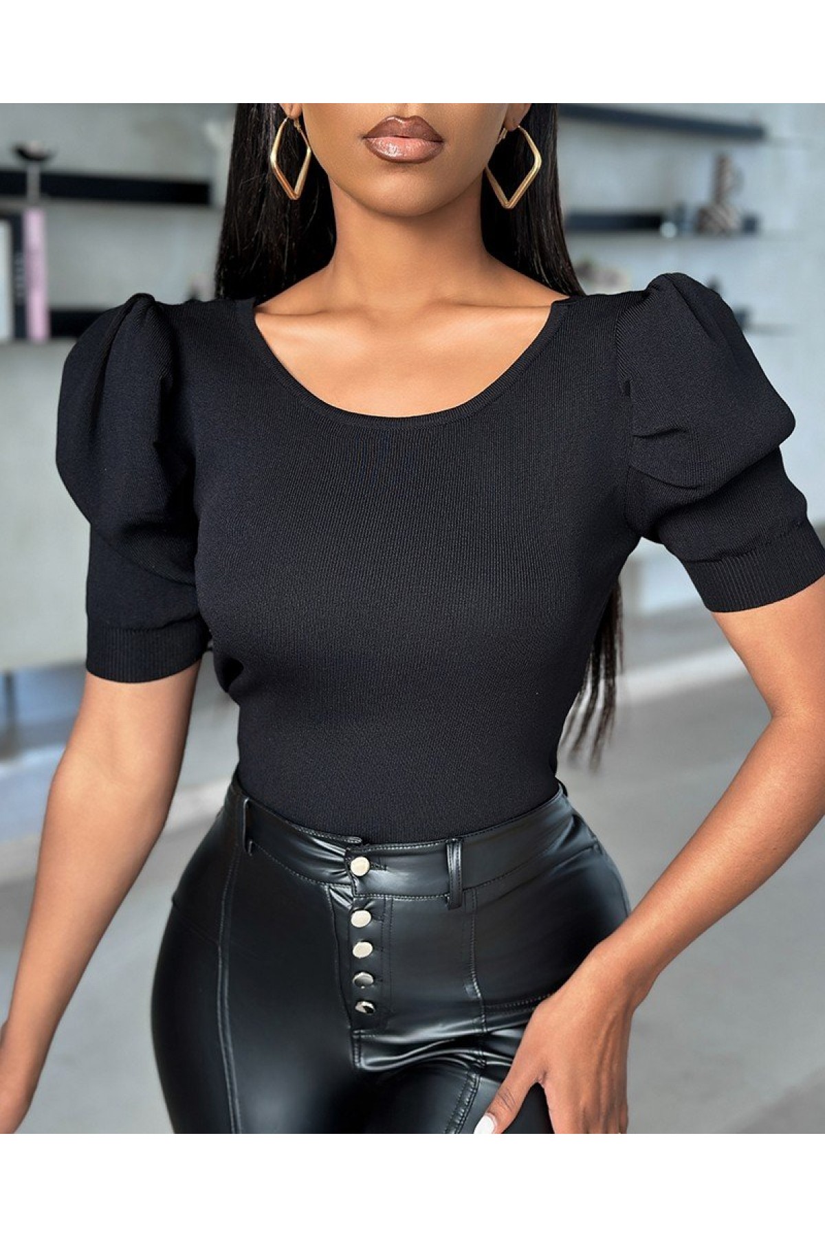 Women's Short Sleeve Back Pearl and Ribbon Detail Watermelon Sleeve Domestic Crepe Blouse. 109 Pieces Standard Size, Rest 3 Sizes