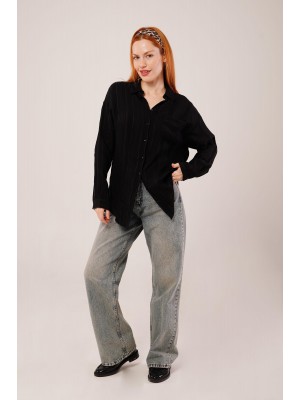 Hakim Yaka Çizgili Cep Detaylı Siyah Gömlek