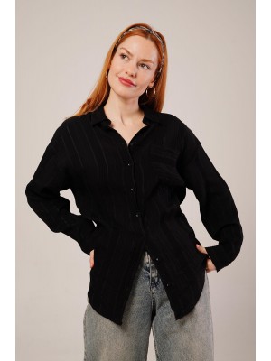 Hakim Yaka Çizgili Cep Detaylı Siyah Gömlek