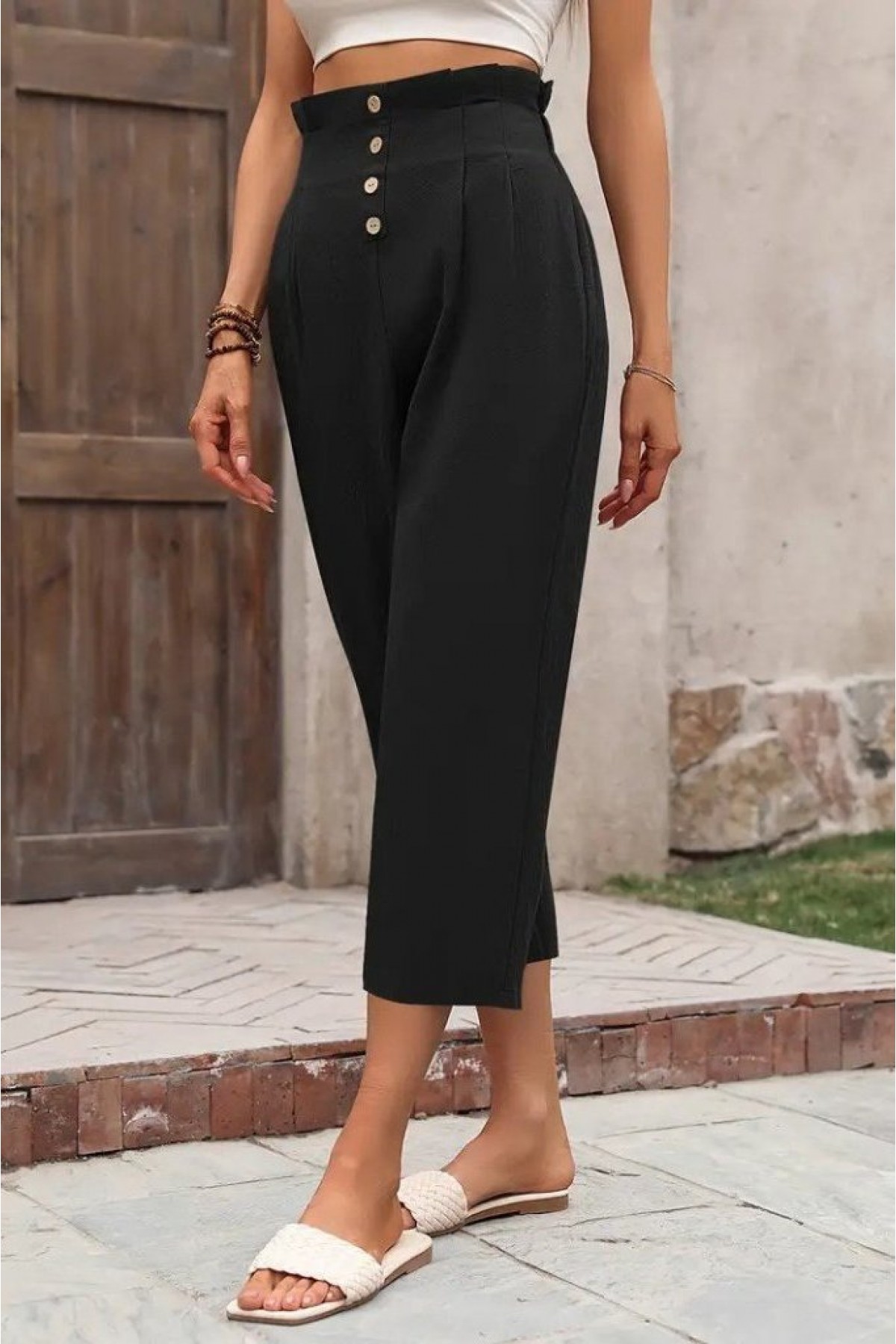 Women's High Waisted Front Buttoned Imported Linen Trousers