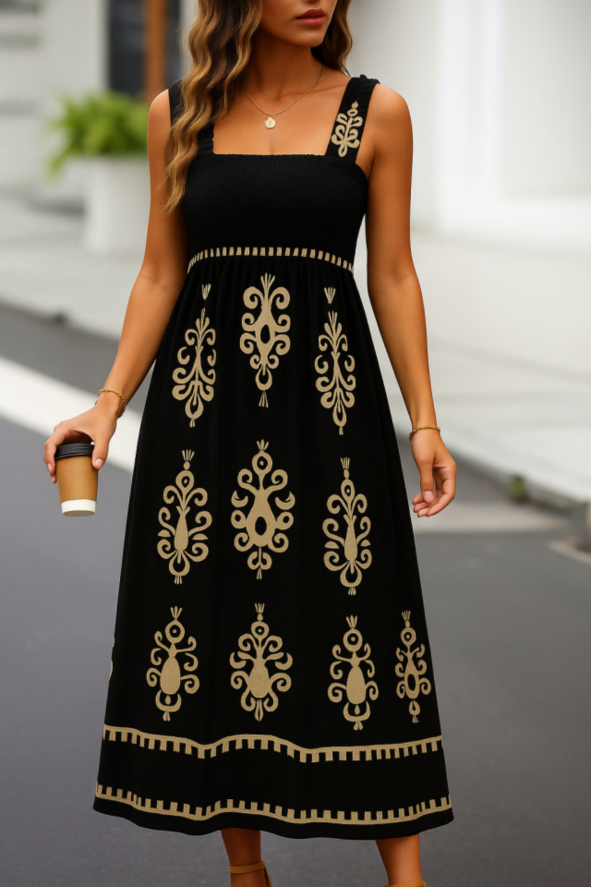 Women's Square Neck Plaid Detailed Patterned Jersey Dress