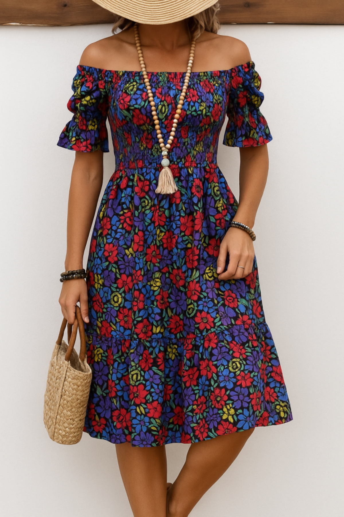 Women's Short Sleeve Square Neck Elastic Waist Floral Patterned Mini Jersey Dress