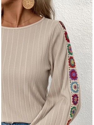 Kadın Uzun Kollu Kayık Yaka şardonlu Kaşkorse Bej Bluz