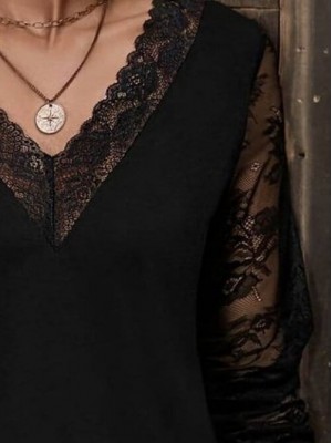 Kadın Uzun Kollu V Dantel Yakalı Viskon Bluz