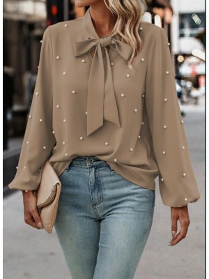 Kadın Uzun Kollu Yakadan Fiyonklu Incili Ithal Krep Bluz