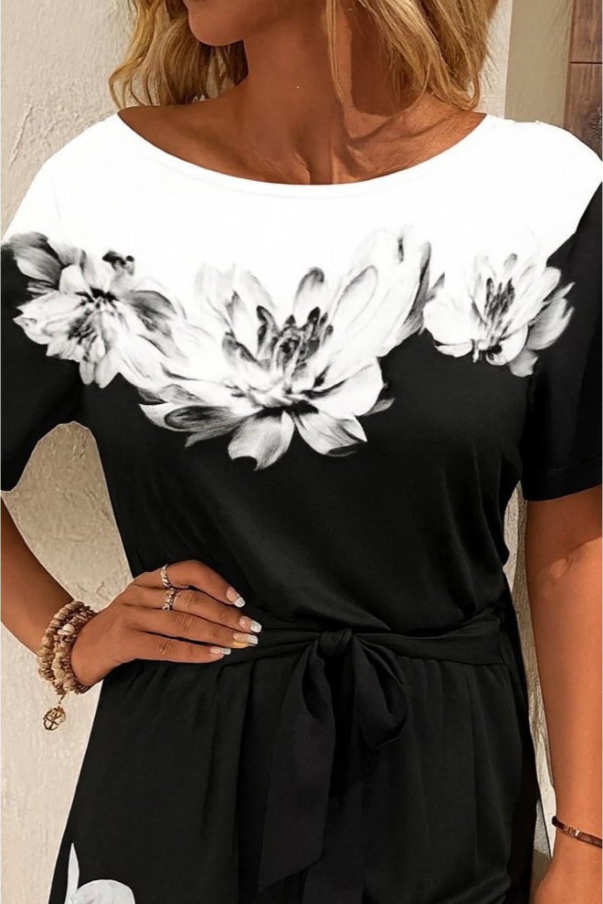 Women's One Shoulder Open Floral Patterned Waist Belted Two Yarn Mini Short Jumpsuit