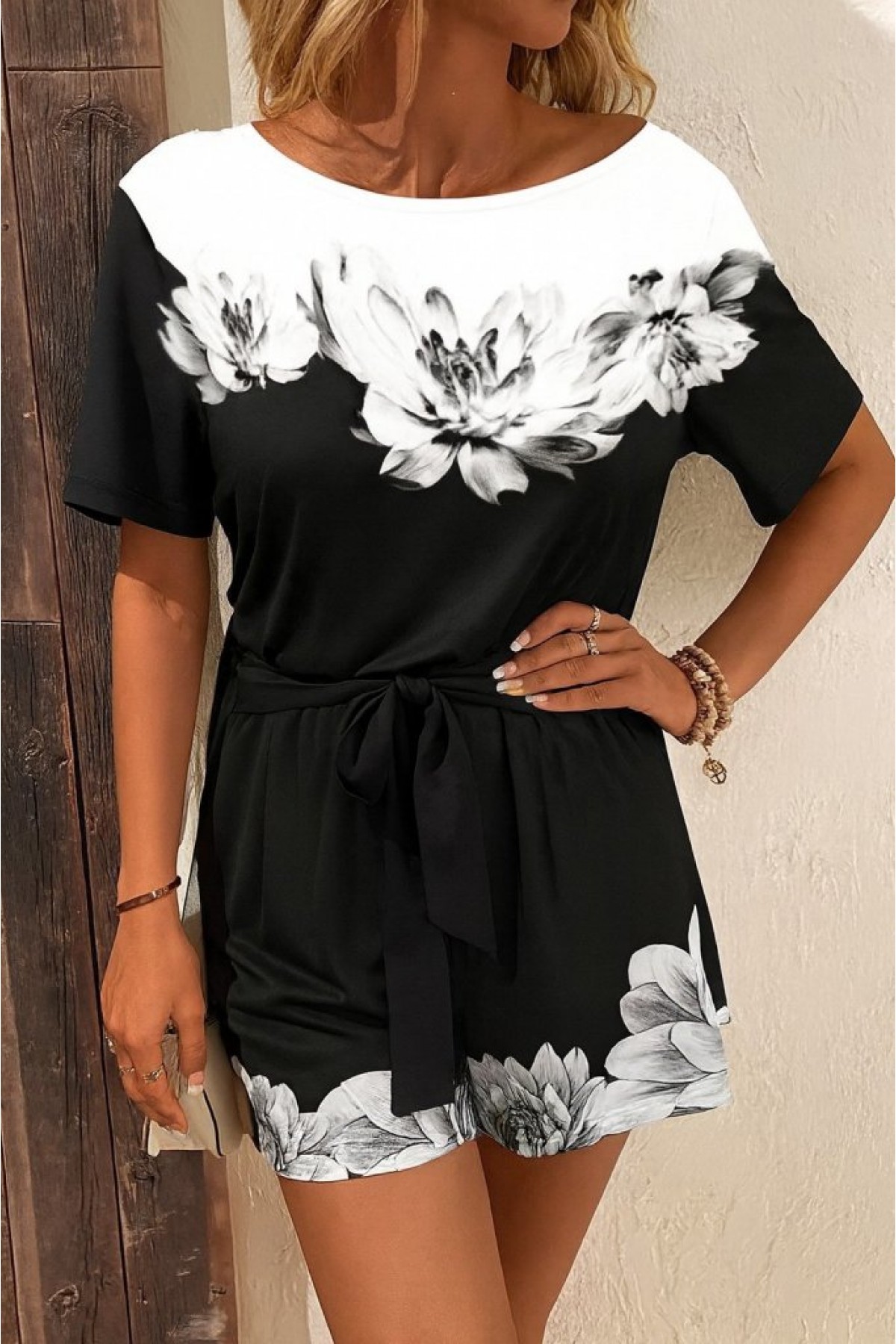 Women's One Shoulder Open Floral Patterned Waist Belted Two Yarn Mini Short Jumpsuit