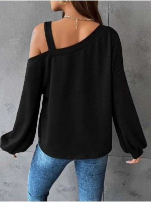 Kadın Uzun Kollu Tek Omuz Askı Detay Salaş Viskon Iki Iplik Bluz