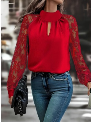 Kadın Uzun Kollu Göğüs Pencere Detay Yaka Boğazlı Kolları Tüllü Sandy Bluz