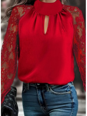 Kadın Uzun Kollu Göğüs Pencere Detay Yaka Boğazlı Kolları Tüllü Sandy Bluz