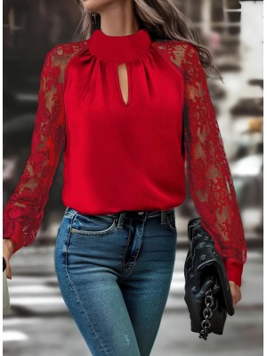 Kadın Uzun Kollu Göğüs Pencere Detay Yaka Boğazlı Kolları Tüllü Sandy Bluz