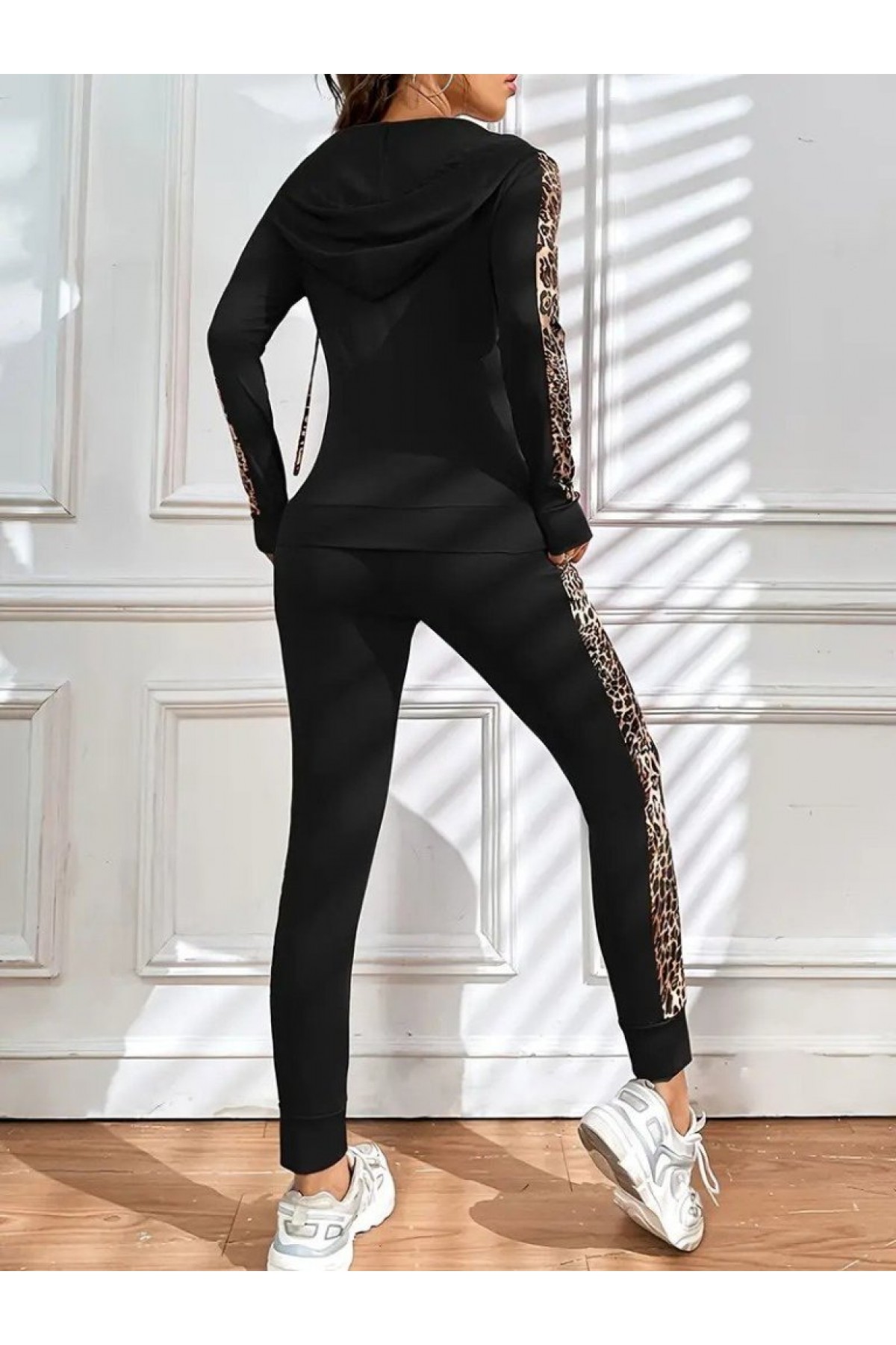 Women's Long Sleeve Hooded Zippered Lace-Up Viscose Two Yarn Blouse and Pants Leggings