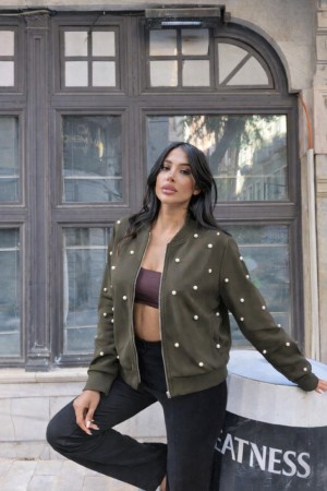 Kadın Uzun Kollu önden Fermuarlı Incili Kısa Modal Ceket