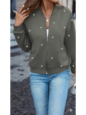 Women's Long Sleeve Front Zippered Pearl Short Modal Jacket