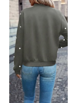 Women's Long Sleeve Front Zippered Pearl Short Modal Jacket