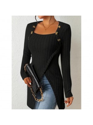 Kadın Uzun Kollu Derin Kare Yaka Düğme Detay şardonlu Kaşkorse Kruvaze Bluz