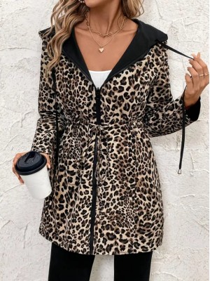 Women's Long Sleeve Hooded Double-Sided Pocket Lace-Up Zippered Viscose Two-Yarn Jacket