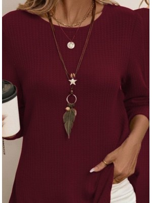 Kadın Uzun Kollu Yuvarlak Yaka Arkadan Düğmeli Waffle Bluz