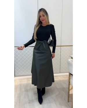 Kadın Belden Kuşaklı Uzun Deri Etek