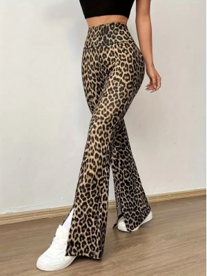 Women's High Waist Leopard Patterned Slit Diving Leggings