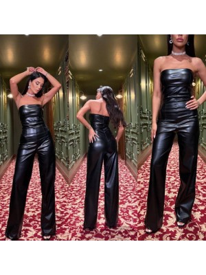 Kadın Likralı Deri Straplez Tulum