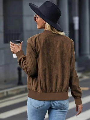 Women's Long Sleeve Front Zippered Suede Jacket