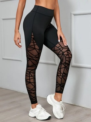 Women's High Waist Geometric Patterned Fishnet Detailed Diving Leggings