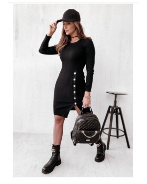 Women's Black Long Sleeve Crew Neck Side Slit Button Detail Short Camisole Dress