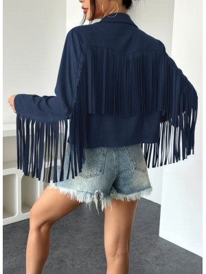 Women's Long Sleeve Collar Short Tassel Suede Jacket