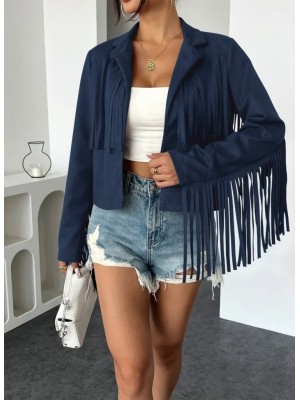 Women's Long Sleeve Collar Short Tassel Suede Jacket