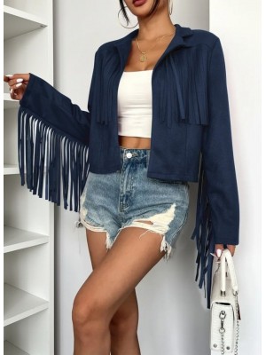 Women's Long Sleeve Collar Short Tassel Suede Jacket