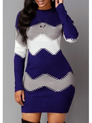 Women's Long Sleeve Zigzag Pattern Knit Dress