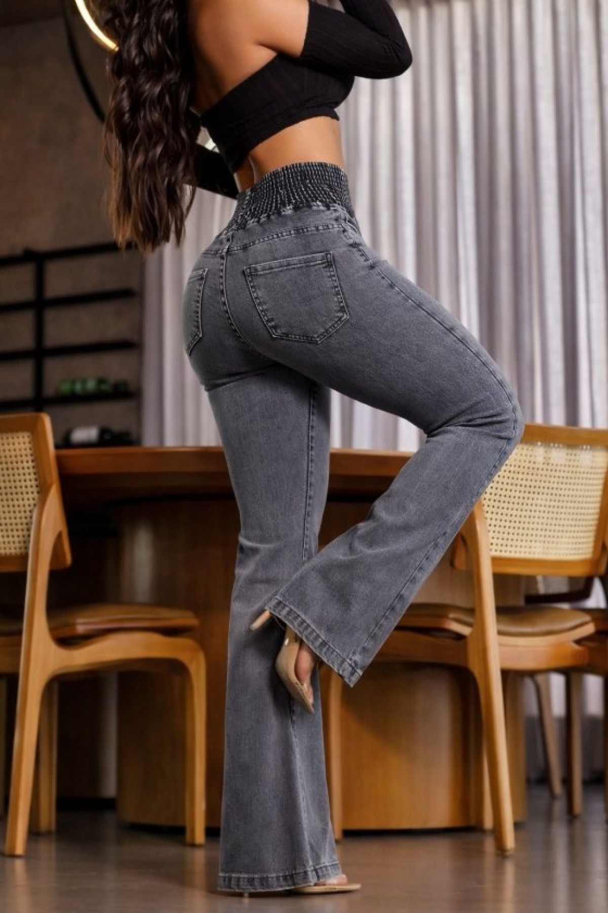 Women's High-Waisted Jeans with Elasticated Sides and Button Front