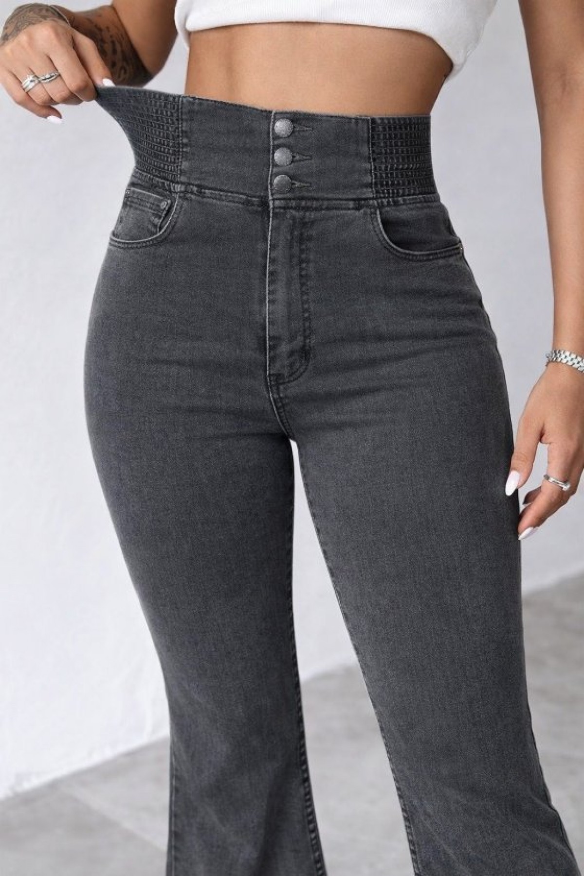 Women's High-Waisted Jeans with Elasticated Sides and Button Front