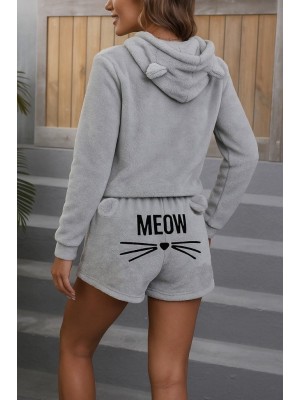 Kadın Uzun Kollu Kapşonlu Peluş Bluz Ve Kısa Short Ikili Takım
